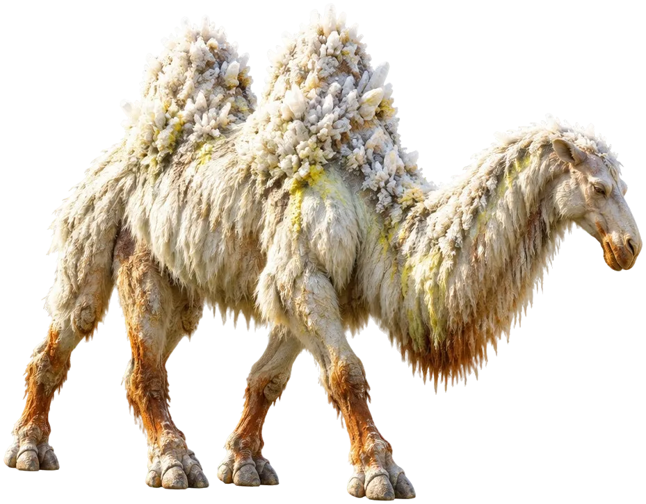 Saltback Camel: unta raksasa berbulu pucat, dua punuknya ditumbuhi kristal garam seperti karang.
