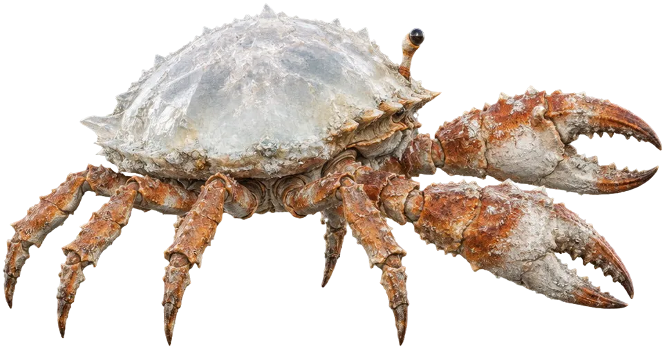 Glasshell Crab tampak samping di atas grid ukur, untuk menandai bagian tubuh.