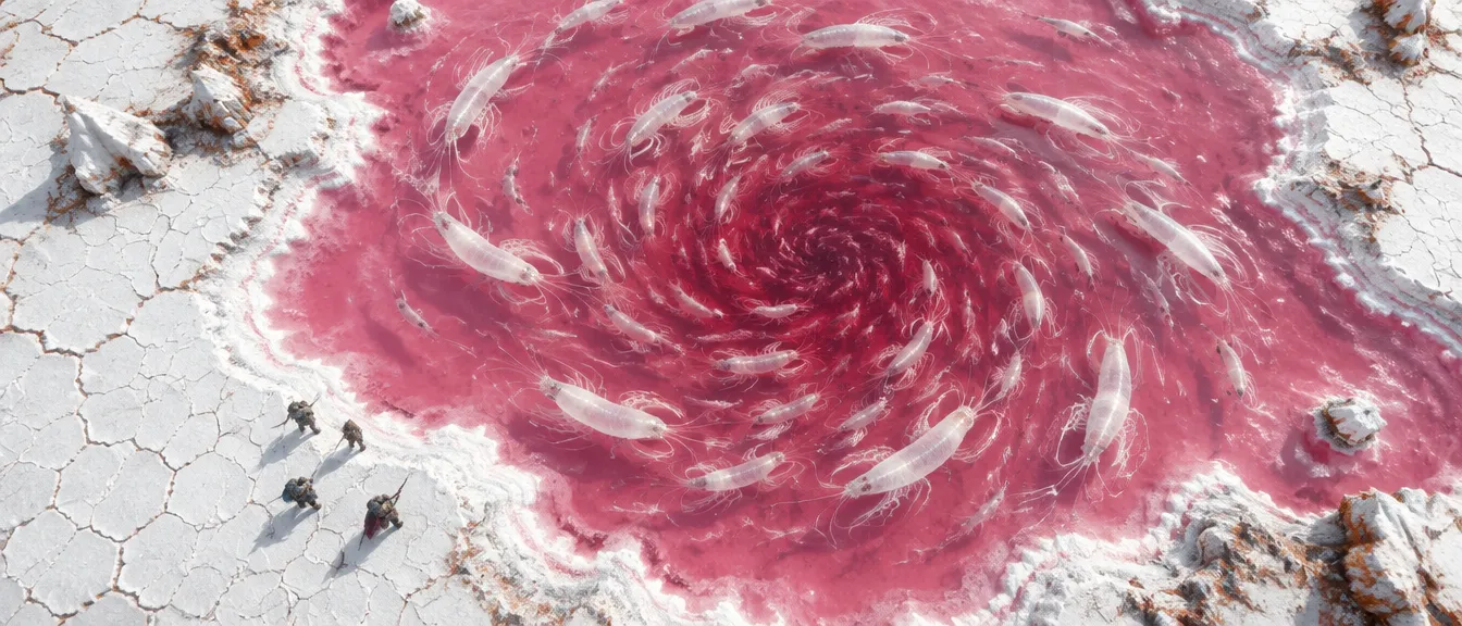 Dari udara: kolam garam merah muda di tengah dataran putih, kawanan udang garam raksasa berputar membentuk spiral, empat pemburu kecil di tepi.
