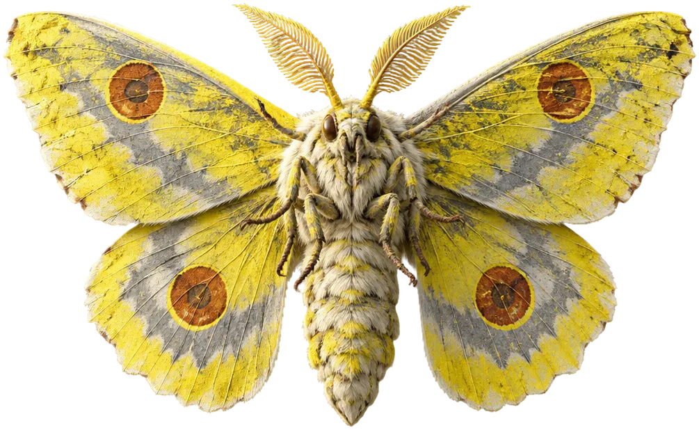 Sulfur Moth: ngengat raksasa bersayap kuning belerang dengan dua bintik karat, sayap terbuka penuh.