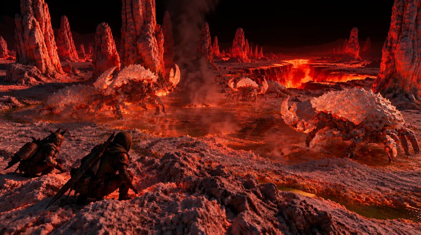 Chimney Flats malam: retakan menjadi saluran lava merah, cerobong garam diterangi dari bawah, tiga Glasshell Crab bangun dan berjalan.